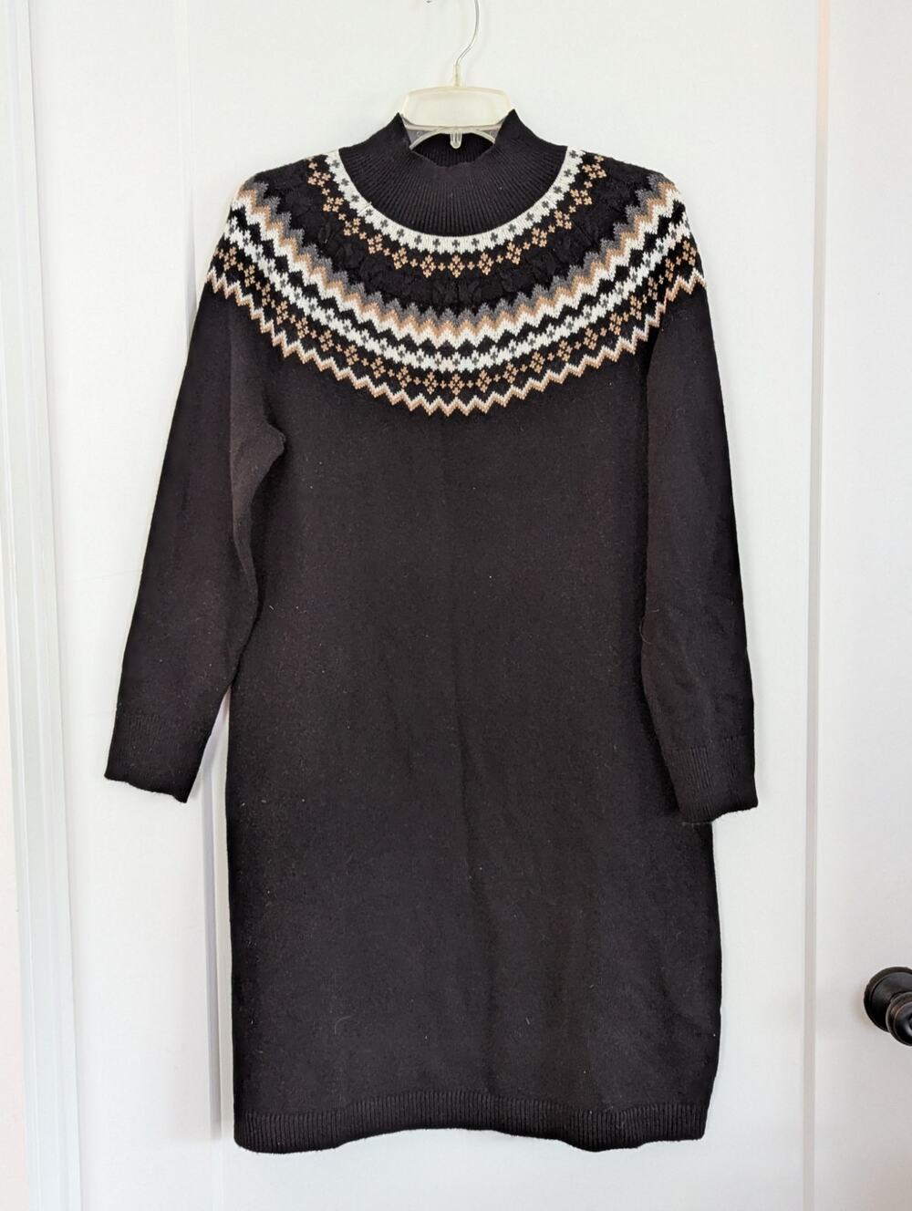 NWT Talbots Fair Isle Sweater Dress Medium Black Yoke Knit Mock Neck Shift